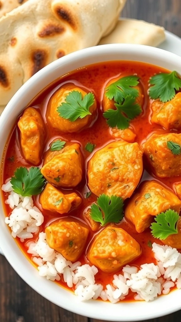 A bowl of spicy chicken curry with cilantro, served with rice and naan.
